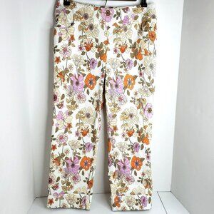 WOMENS floral crop stretch pull on pants white purple orange mid rise cato sz 8